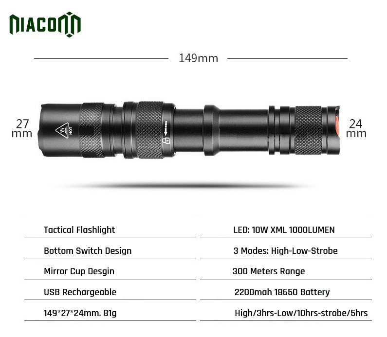 High Brightness Tactical Led Flashlight USB Rechargeable Cree Xml 10w Tactical Torch