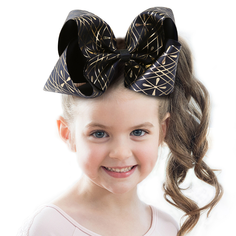 Customized Hair Bow Ribbon Black Glitter Color Printed Technics For Girls