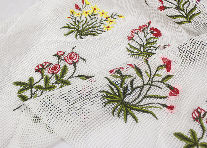 Colorful Floral Stretch Lace Fabric By The Yard , Antique Embroidered Bridal Netting Lace