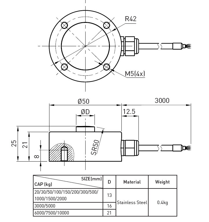 Low Profile Compact 20kg Testing Strain Gauge Load Cell Compression Type