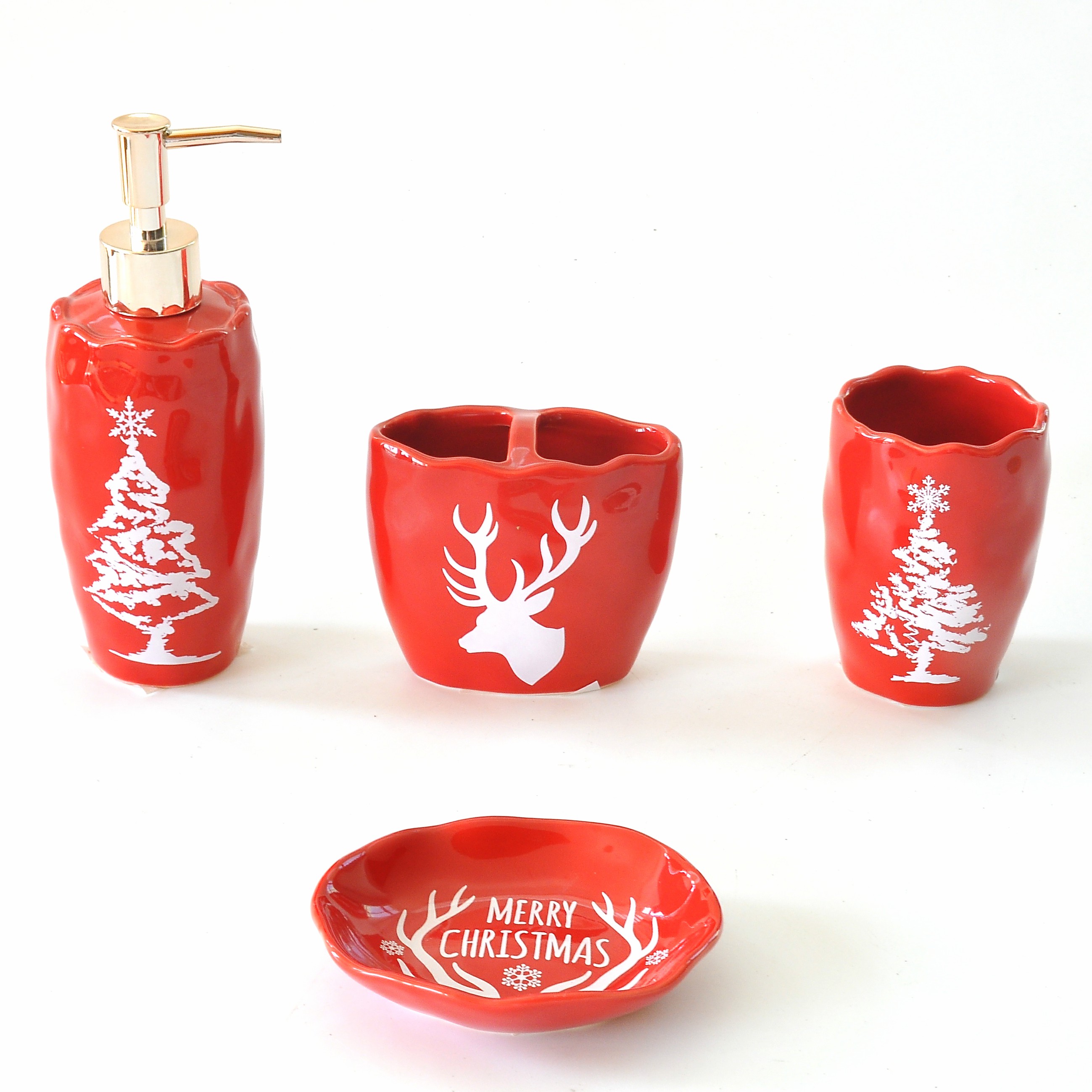 Red Color Ceramic Bathroom Set With Christmas Trees Deer Pattern
