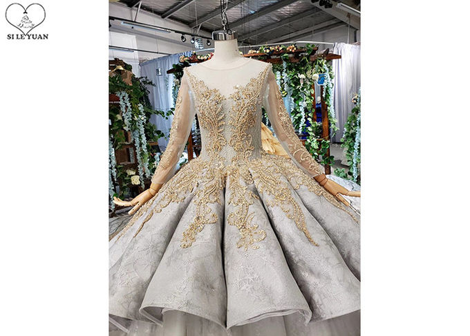 Gold Tailor Made Prom Dresses / Long Sleeve Ball Gown Lace Beading Big Tail