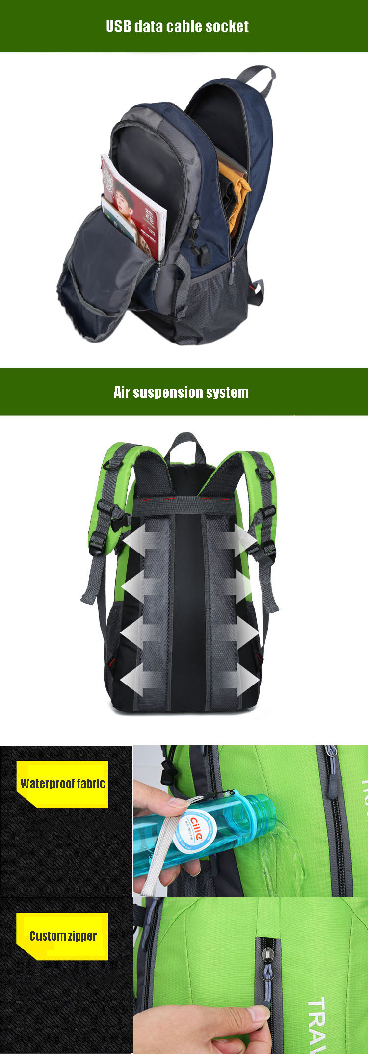 Orange 40L Waterproof Backpack 55cm Camping Travel Backpack With USB Charge Hole