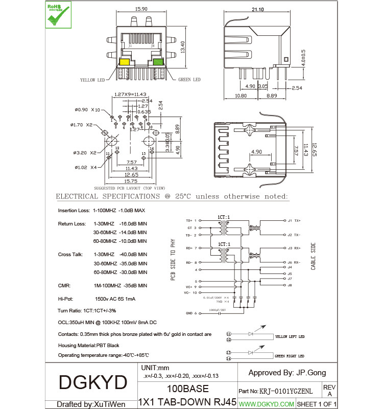 Integrated magnetics 100 base-tx PoE RJ45 ethernet jack with Filter Y/G LED