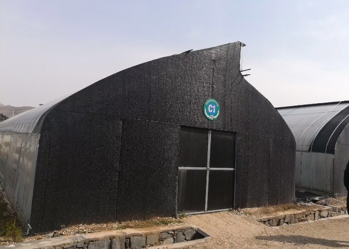 10m double framework mushroom greenhouse with black shade net and shelves outdoor