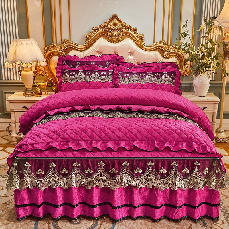 4 Pcs Winter Bed Spreads Cover Skirt Set with Embroidery of 100% Polyester Material