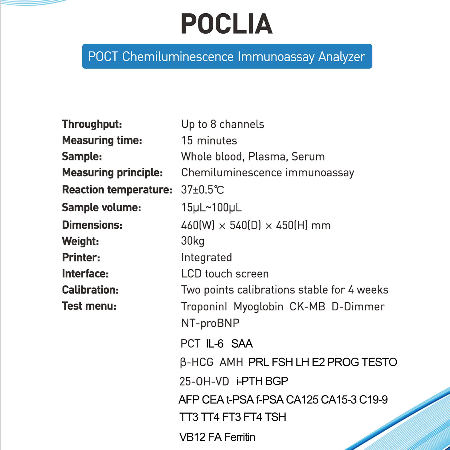 6 Points Chemiluminescence Calibrator Kit For POCT Analyzer POClia With 8 Channels