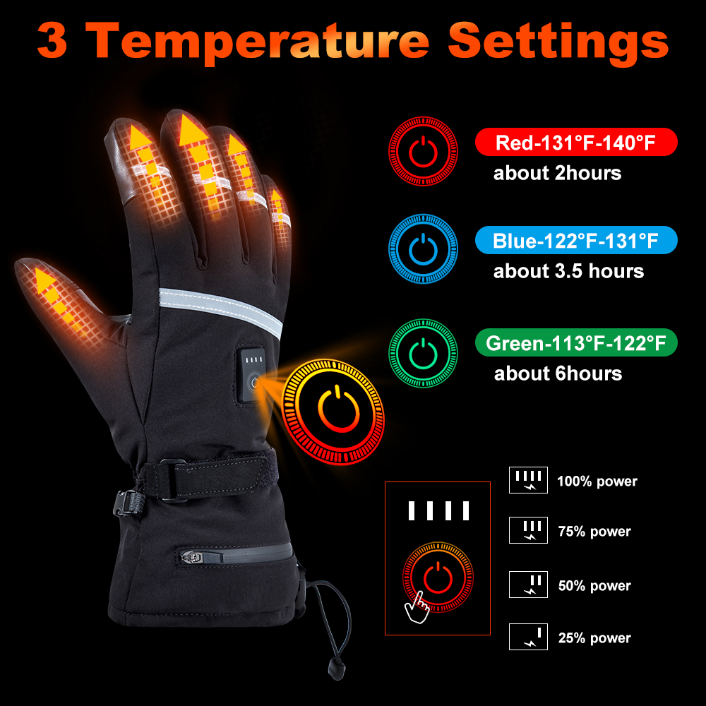 7.4V Lithium USB Electric Battery Rechargeable Heated Ski Gloves Man With 3 Level Temperature Control