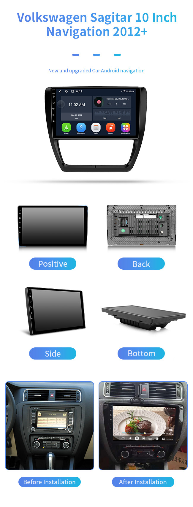 HD Night Vision Bluetooth Car Navigation 10 Inch Wireless For Volkswagen Sagitar 2012+