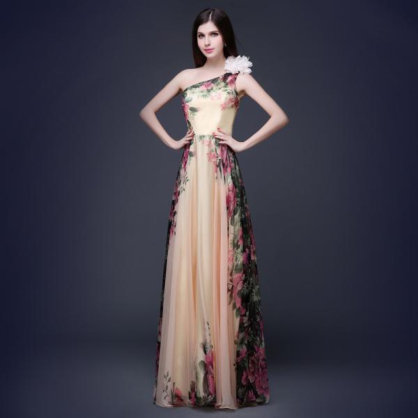 Chiffon Long Section Bridesmaid Dress One Shoulder Rose Print Flower Bridesmaid