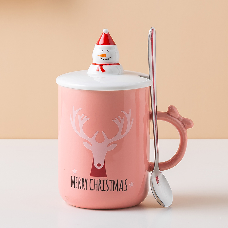 New Festival Mug Christmas Round Santa Claus Lid Stainless Steel Spoon Elk Pattern Ceramic Mug With Cover