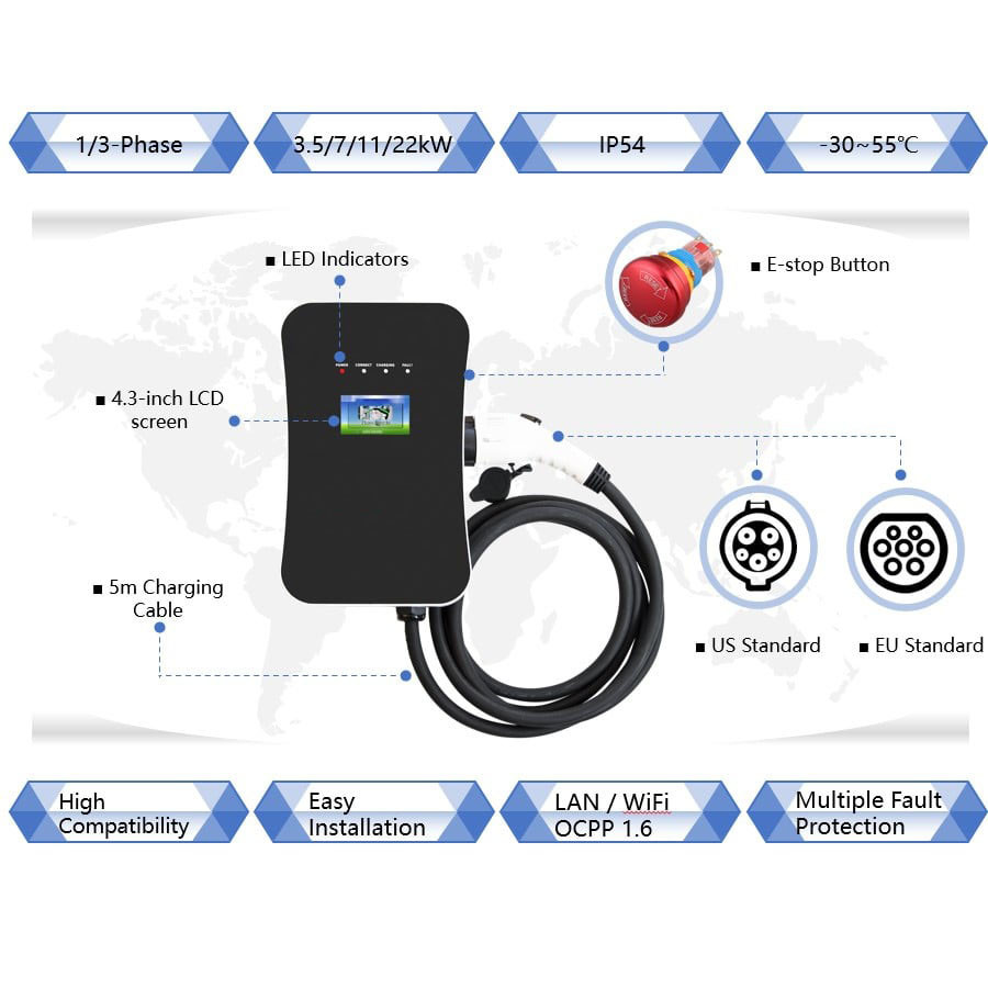 European EV 11kw Car Charger Station 32A 3Phase OEM Approved