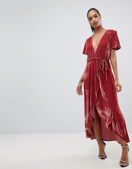 OEM short sleeve pink velvet wrap midi dress