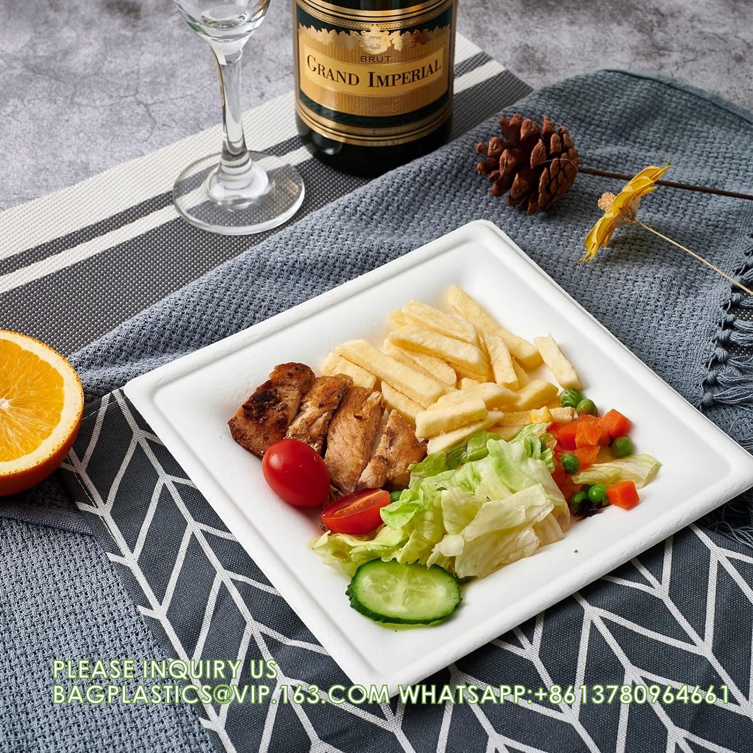 Compostable Paper Plates Set 300pcs Disposable Sugarcane Plates Eco-Friendly White Square Plates With Napkins
