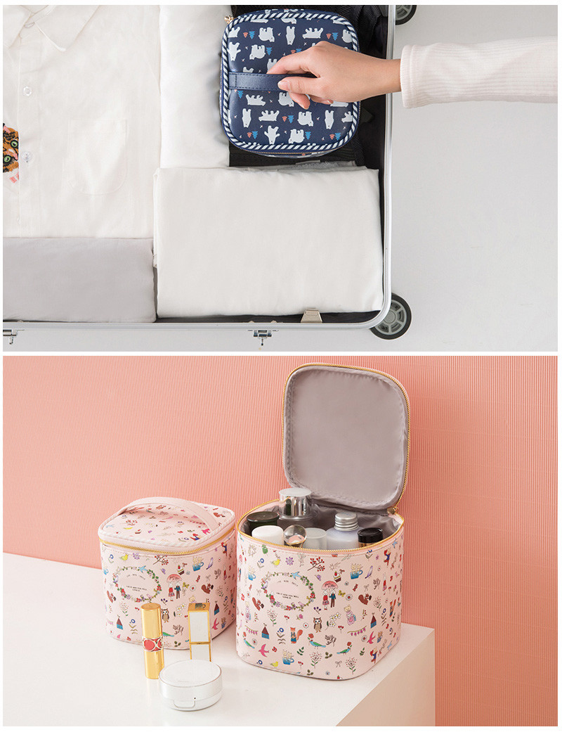 Barrel Shape Professional Travel Cartoon Printed PU Leather Cosmetic Bag