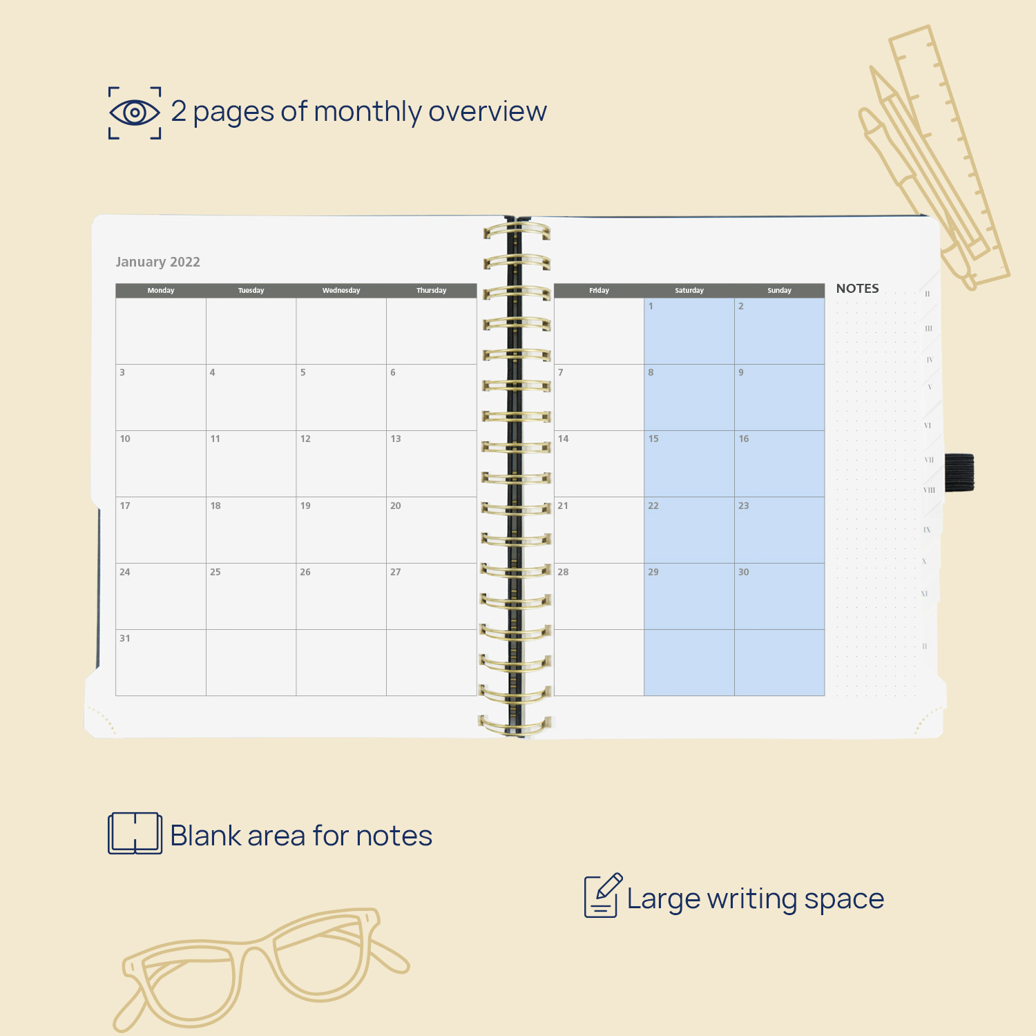 Pacific Green 8.75''x6.63'' Medium Weekly Planner 100GSM Ivory Paper
