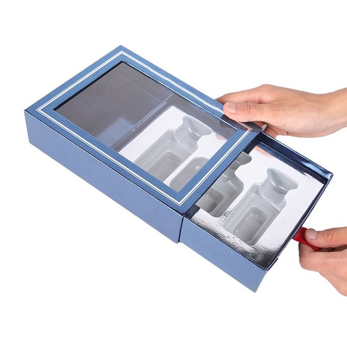 Bule Empty Small Cardboard Gift Boxes , Pull Out Drawer Box With 3 Cavities