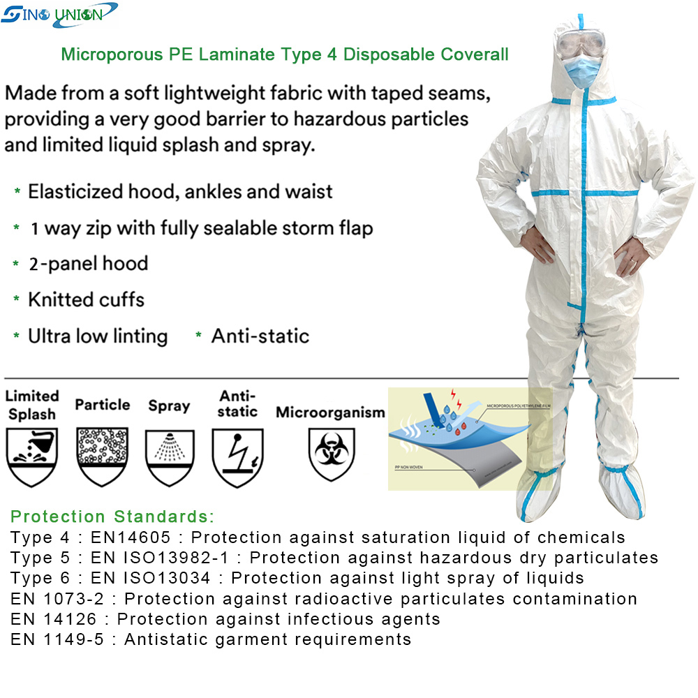 Non Woven Type 4 5 6 Hooded Microporous SF Disposable Protection Clothing With Boots