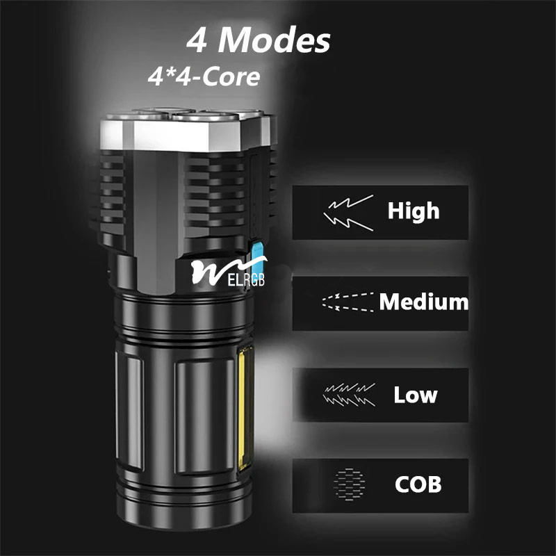 1000 Lumens 4led Rechargeable Cob Flashlight Multifunctional Led Flashlight