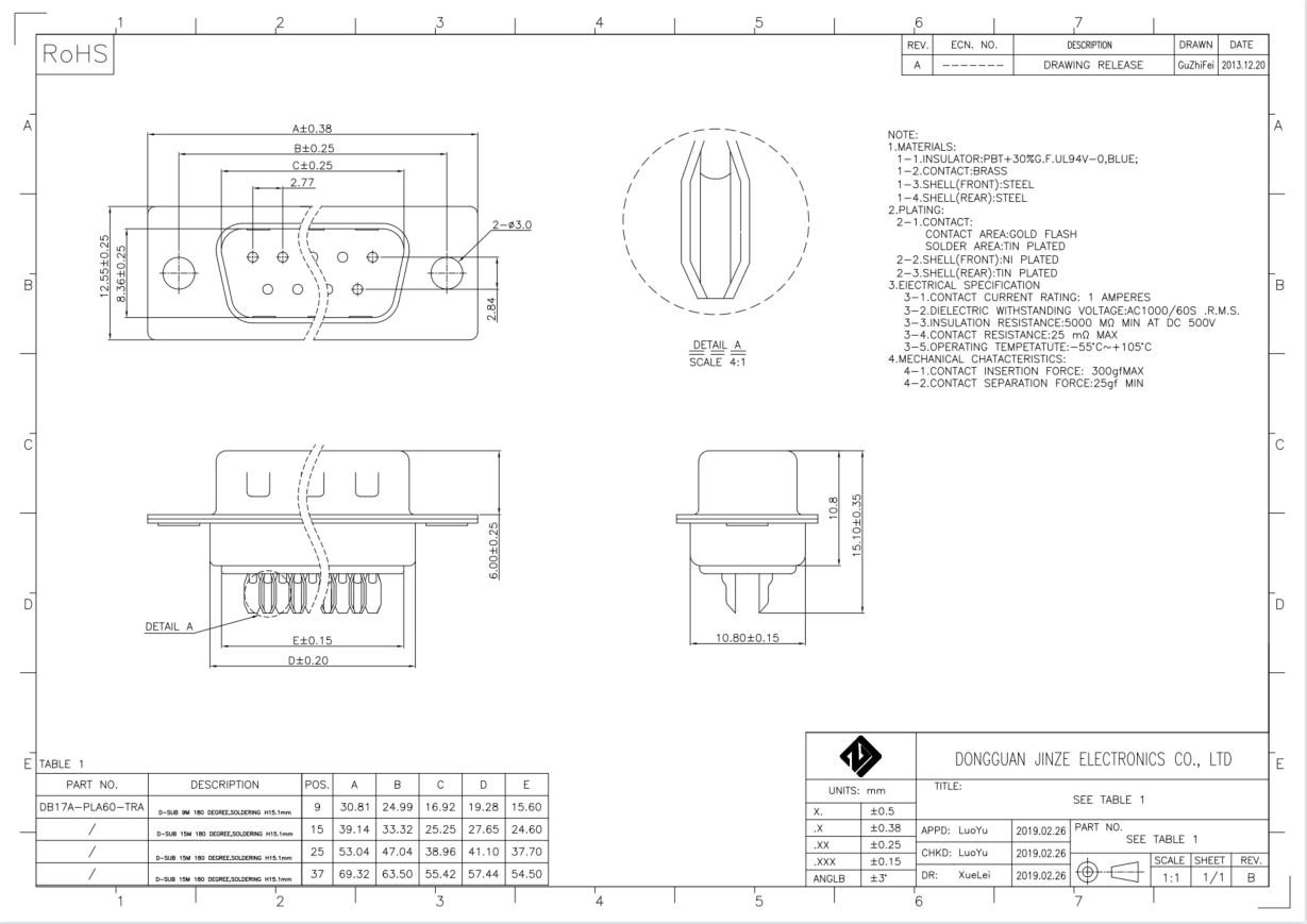 PBT D Sub 9 Connector Solder Male Solder Cup For Cable