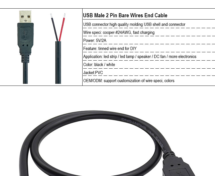 5V USB to Open Stripped Tinned Bare Wires End Pigtail Power Charger Cable for LED Strip Light Lamp