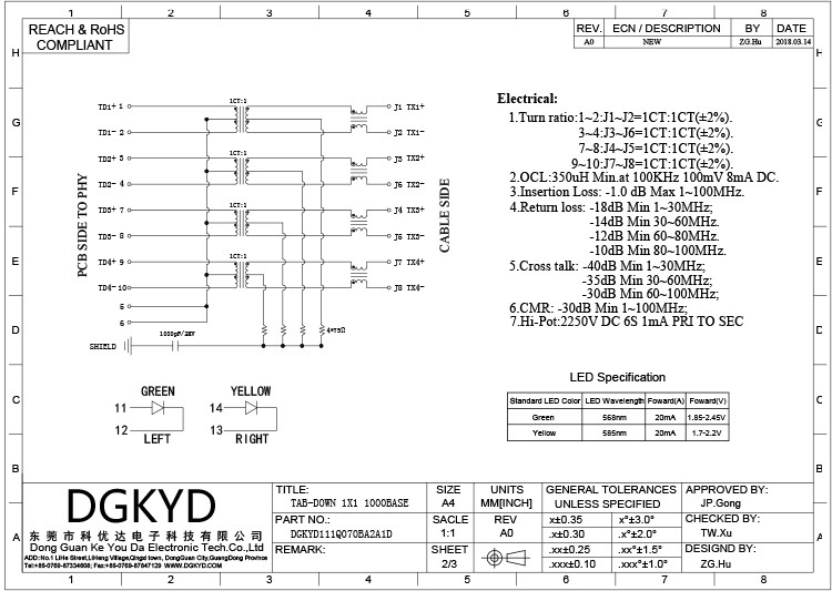 DGKYD111Q070BA2A1D Gigabit Ethernet Rj45 Transformer 10PIN With Light And Shielding DIP
