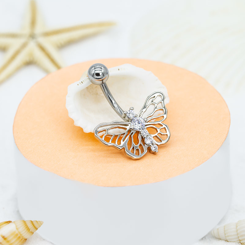 silver gold Butterfly Belly Button Ring zircon gems 316 Stainless Steel bar