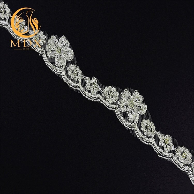 OEM Knitted Custom 3D Flower Lace Trim Embroidery Soft Mesh With Beads