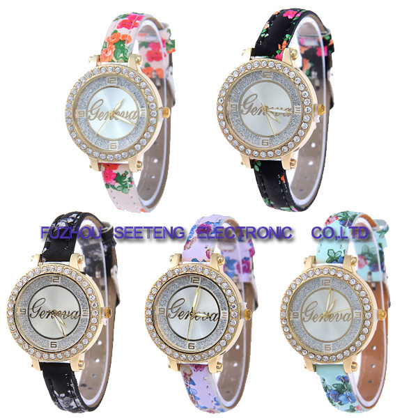 Flower printing PU leather strap and diamond inset case for ladies watch