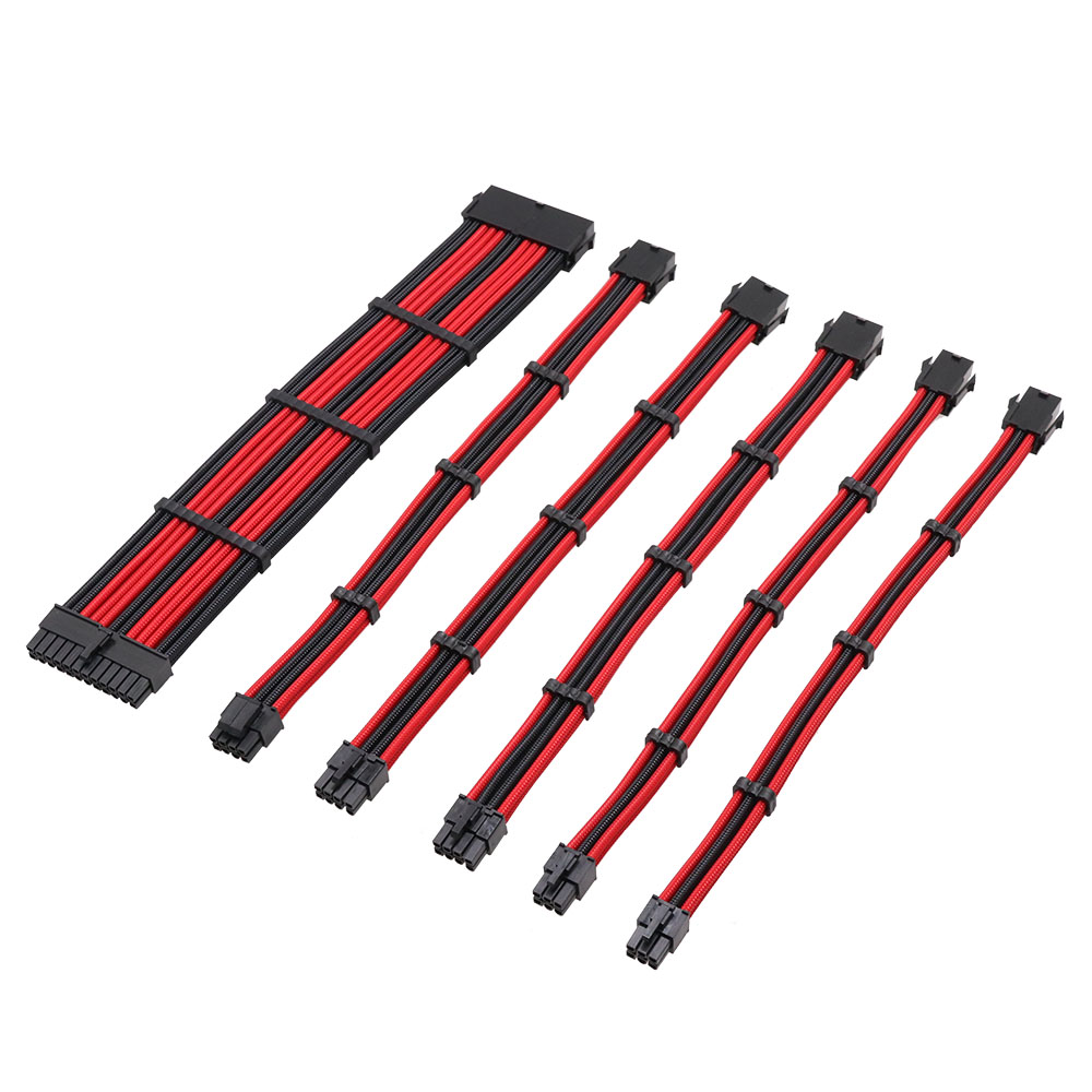 Power Supply Extension Cable ATX Braided Sleeved Extension Power Cable Kits 30cm Black Red