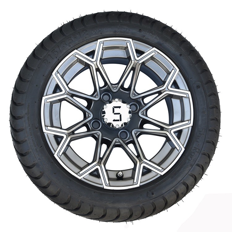 12'' Machined/Gunmetal Golf Cart Wheels And 215/35-12 DOT Street Tires Assemblies