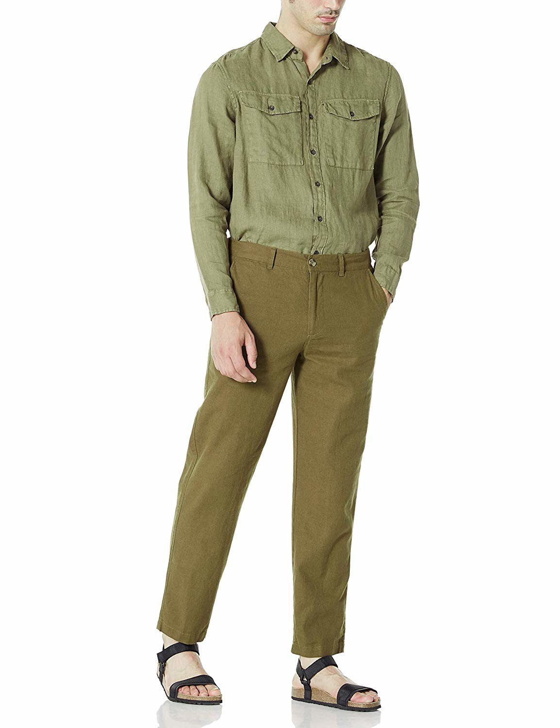 Slim Fit Cropped Mid Waist Mens Casual Linen Pants Size 32 34 36 Olive Green