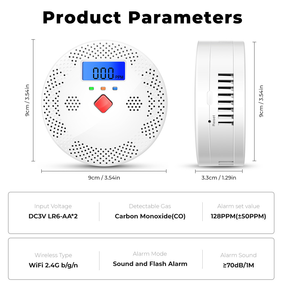 Tuya Wifi Carbon Monoxide Detector Smart Air Quality Monitor CO Sound Light Alarm Detector LCD Digital Display Home Air Quality Tester