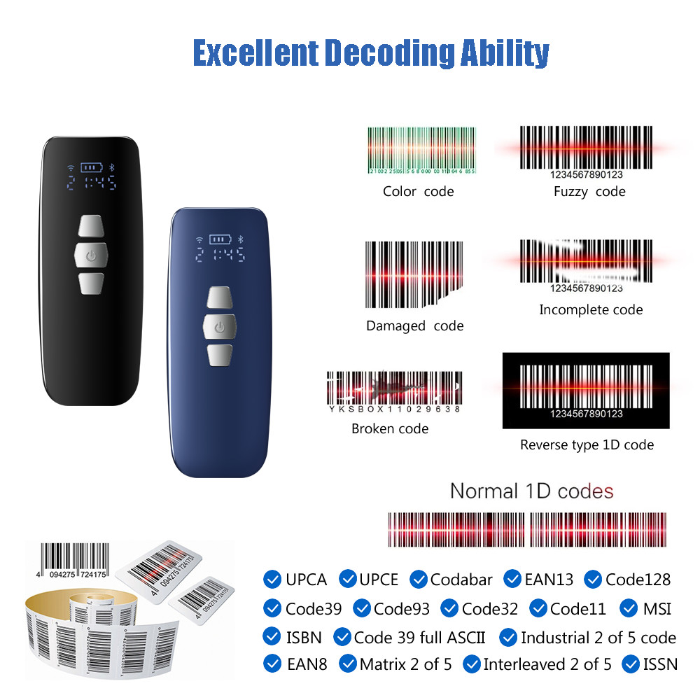 Bluetooth 1D Mini Barcode Scanner Portable For IPad IPhone PC Windows Android IOS