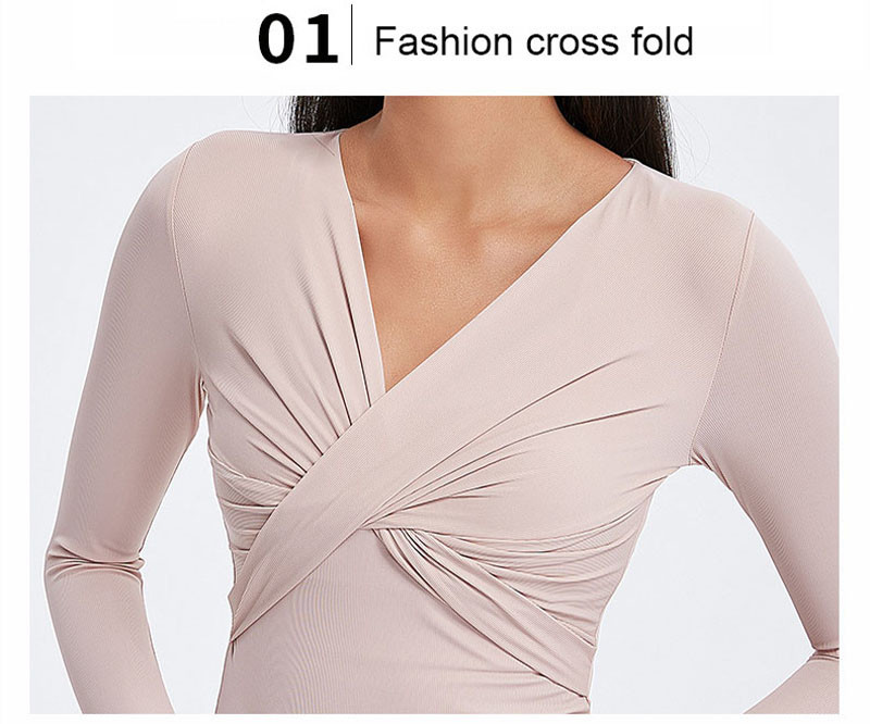 Cross Folded Ladies Yoga Tops Long Sleeve V Neck Sports Shirts With Thumb Hole