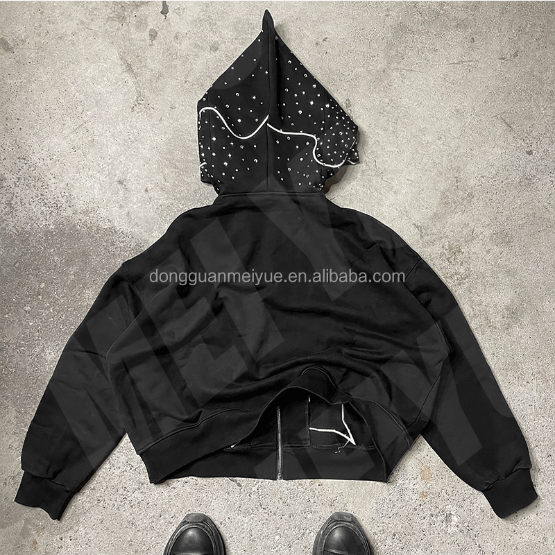 Heavyweight Distressed Applique Embroidery Hoodie Full Face Zip Up Hoodie Anti Shrink