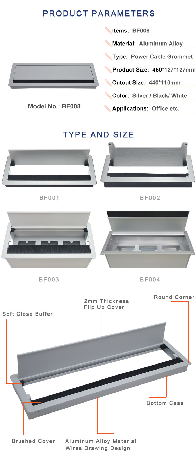 rectangular cable access /computer desk hole cover/aluminium alloy office desk cable grommet