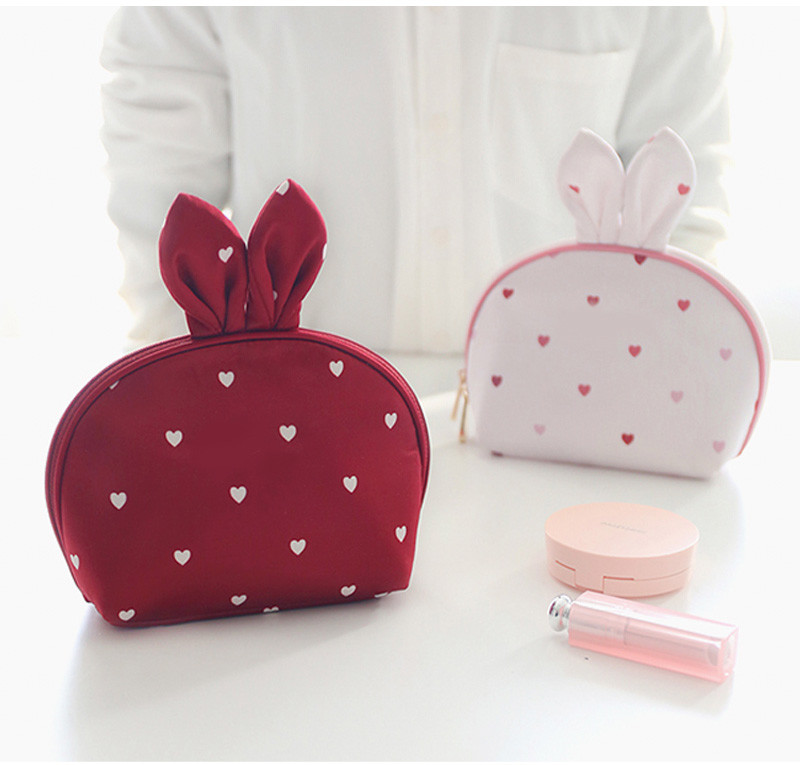 Luxury Half Moon Rabbit Shape Satin Red MakeUp Bag For Ladies