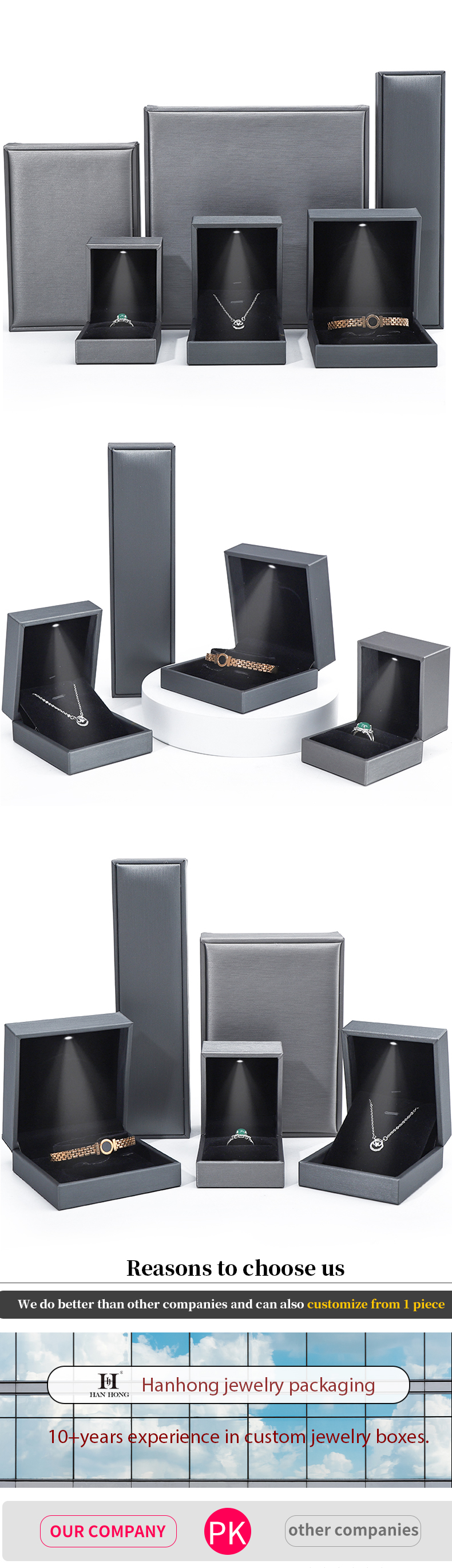 Grey Lightweight Leather LED Jewelry Box Luxury Packaging For Bracelet Necklace Ring