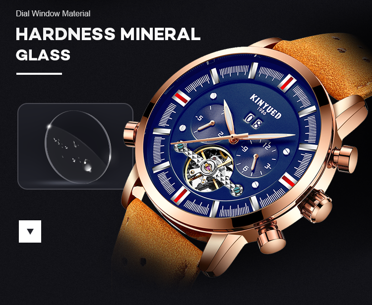 KINYUED J019-3 Private Label Gold Case Genuine Leather Auto Date Skeleton Tourbillon Automatic Mechanical Wristwatches