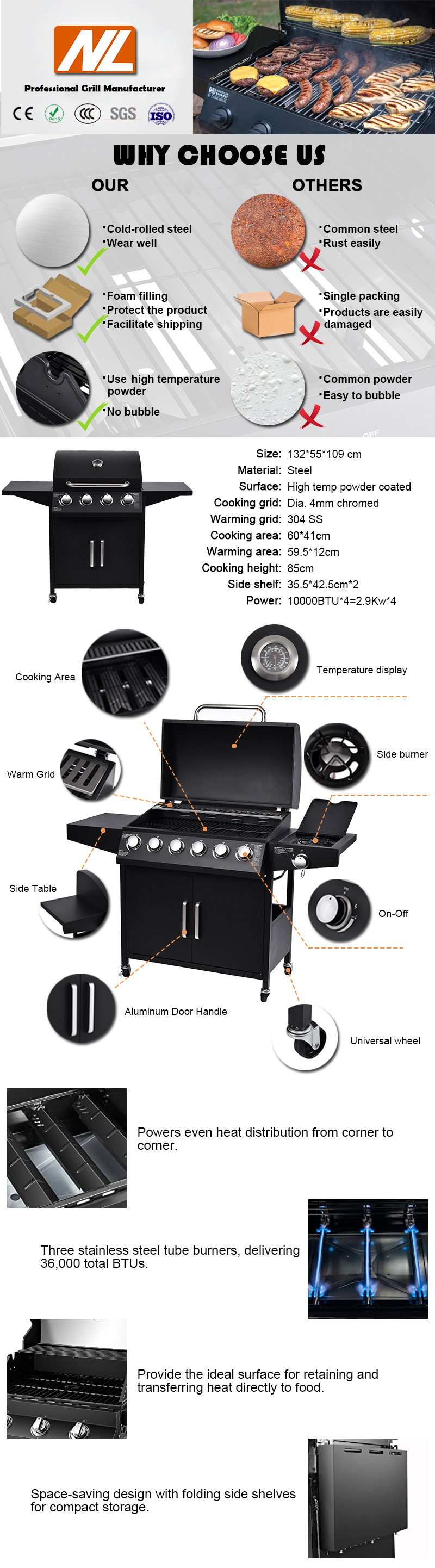 Stainless Steel 30 000 BTU Patio Garden Barbecue Grill 304 SS Warming Grid Side Shelves