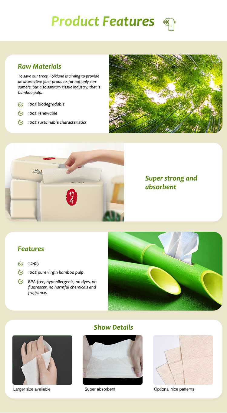 Unbleached Tri Fold Kitchen Tissue Paper Roll 2 Ply Bamboo Pulp Material