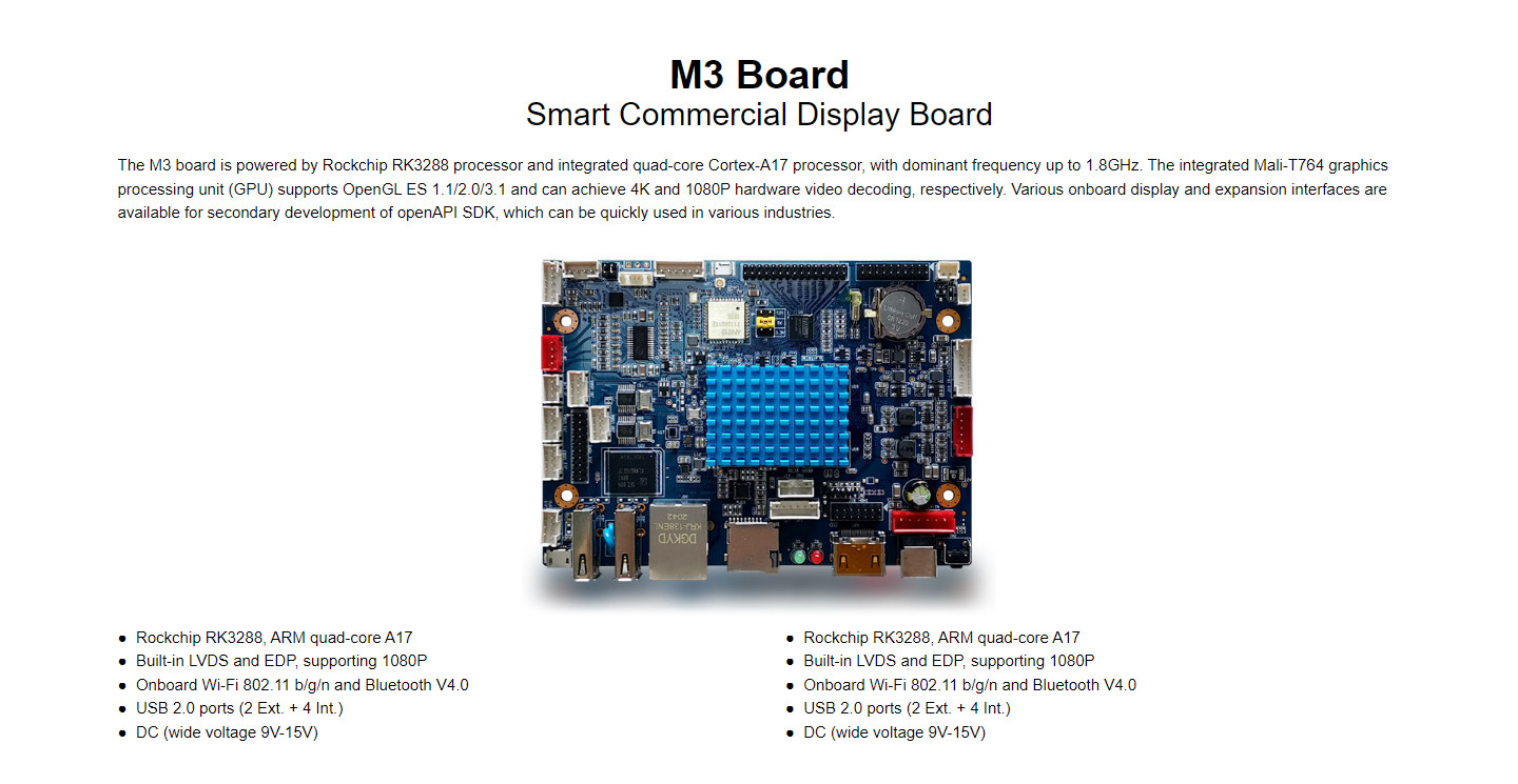 M3 Smart Commercial Display Mainboard Rockchip RK3288,quad-core A17,up to 1.8GHz Micro USB socket