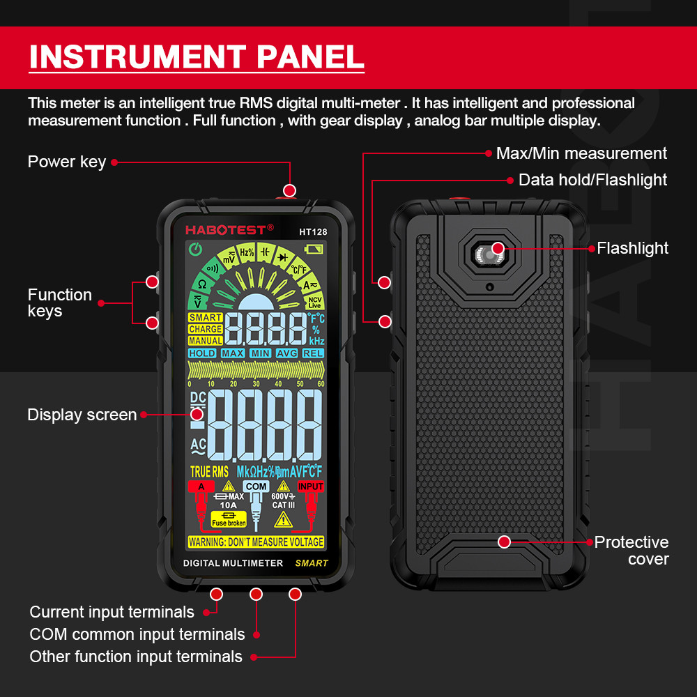 HT128 Digital Multimeter 6000 Counts Smart Measurement Auto-Ranging Voltmeter Tester AC/DC Capactiance Measures