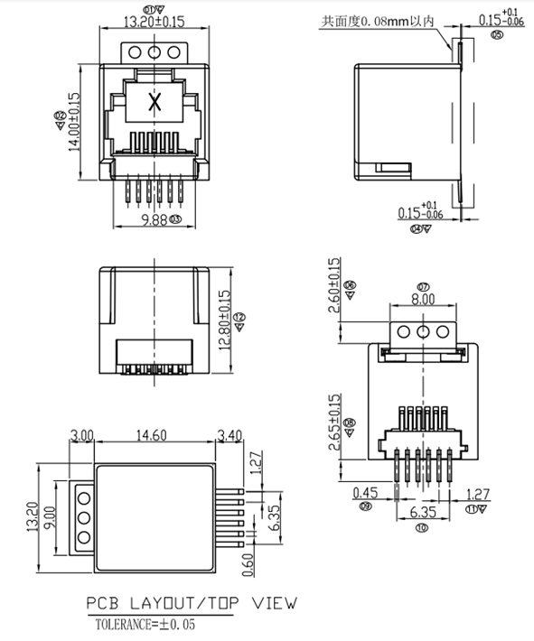 6p6c 1X1 Port SMT RJ45 Jack Female / Rj45 Modular Connector TM52S511SXX31