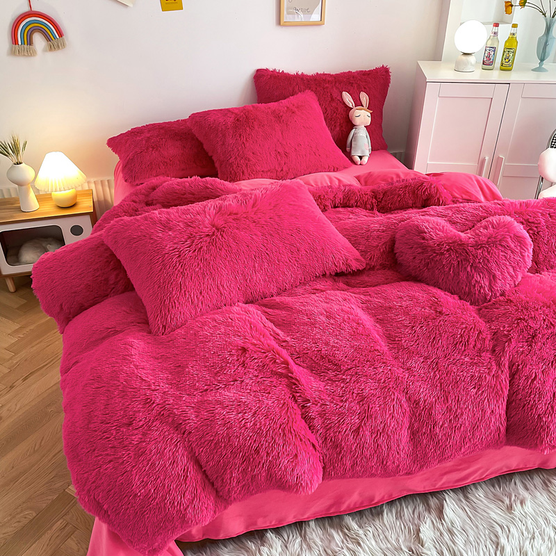 Color Solid Pattern Type Luxury Shaggy Warm Mink Velvet Crystal Bedding Set for Winter