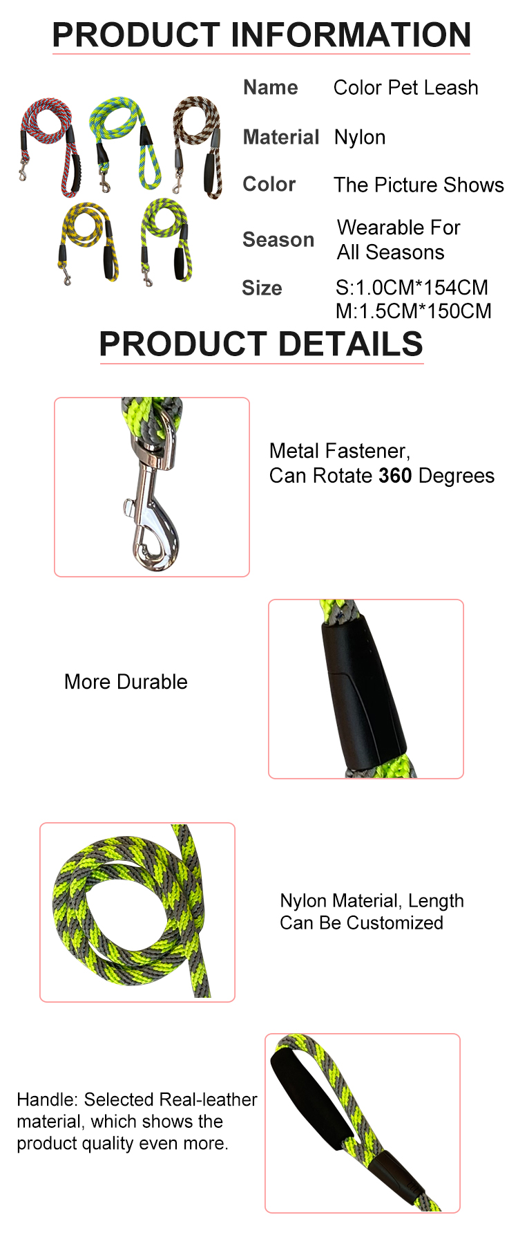 Custom Polyester Pet Traction Rope Metal Clips Double Dog Leash