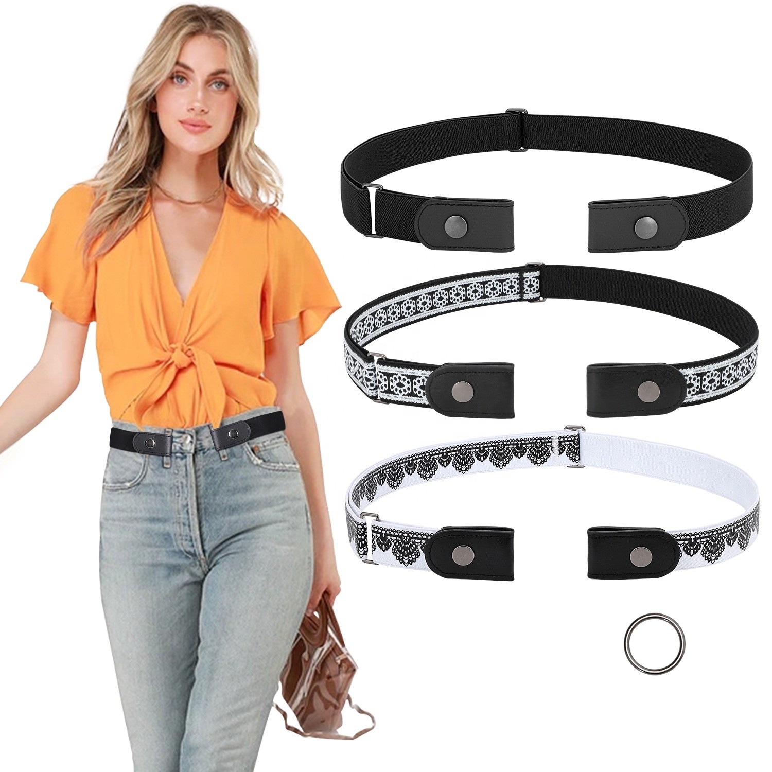 Stretch Women Elastic Belts 46cm No Buckle Belt O Buckle