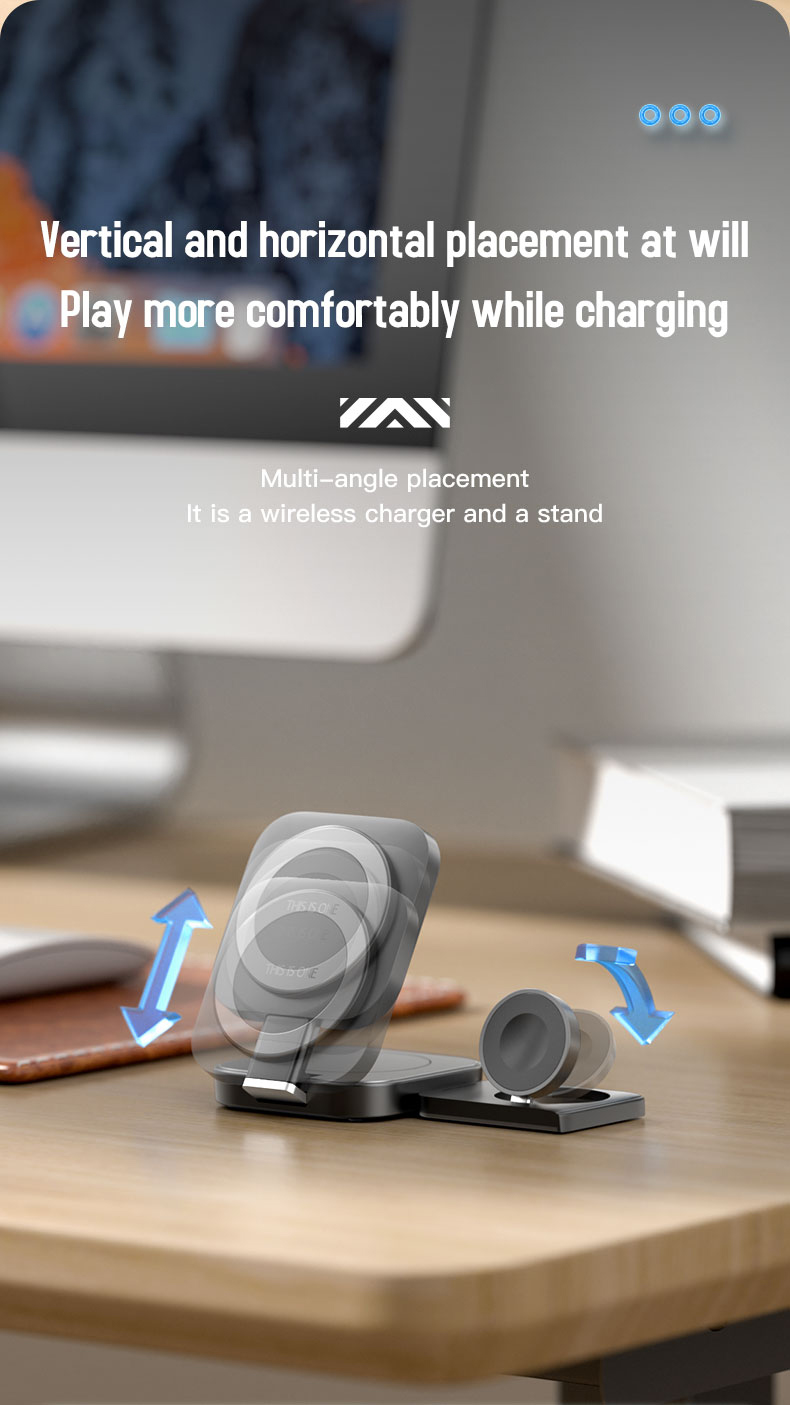 Foldable 3 In 1 Wireless Charger Stand with 15W Fast Charging and Magnetic Design