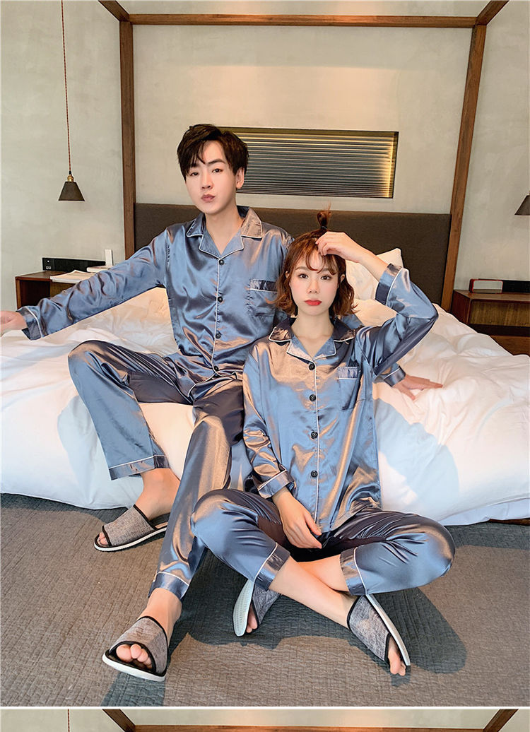 Women Men Sleepwear Valentines Long Sleeve Plain Silk Pajamas Plus Size